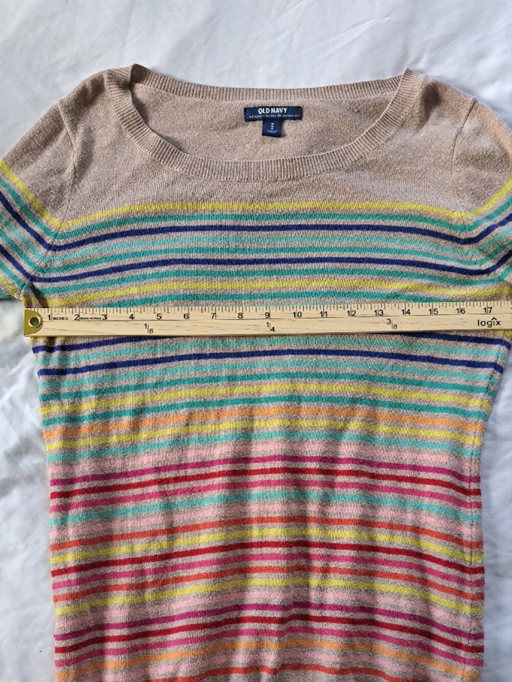 Old Navy Cotton Blend Beige Crewneck Lightweight Sweater with Multicolor Stripes - Picture 6 of 8